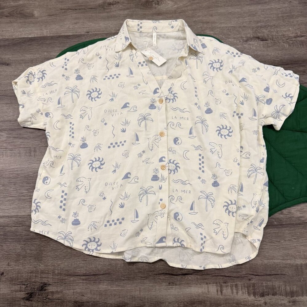 Rylee + Cru Womens XL Mediterranean Print Short Sleeve Cropped Button Front Shir